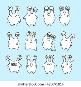 Set of Emoticons. Set of Emoji. Set of different emotions. Vector illustration. Cute cartoon monsters . Doodle illustration. Hand-drawn monsters