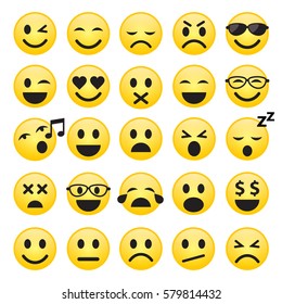 Set of Emoticons or emoji faces icons. Simple yellow smiley. Vector isolated illustration on white background.