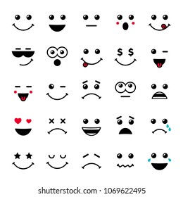 Set of emoticons or emoji illustration line icons. Smile icons line art isolated illustration on white background. Vector cartoonish emoticons for card or web banner