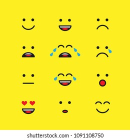 Set of emoticons or emoji illustration line icons. Smile icons vector line art illustration isolated on yellow background. Concept for World Smile Day smiling card or banner