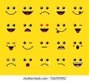 Conjunto de ícones emoticons ou ícones de linha de ilustração de emoji. Sorriso ícones de linha arte isolada vetorial ilustração em fundo amarelo. Conceito para o cartão de sorriso do Dia Mundial do Sorriso ou banner