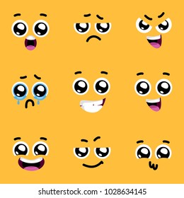Set of emoticons or emoji illustration.Cute funny emotions with big eyes. Vector illustration
