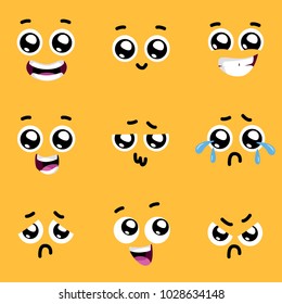 Set of emoticons or emoji illustration.Cute funny emotions with big eyes. Vector illustration