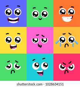 Set von Emoticons oder Emoji Illustration.Frische lustige Emotionen mit großen Augen. Vektorgrafik