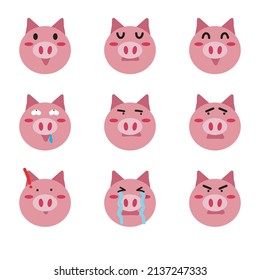 Set of emoticons, emoji isolated on transparent background, vector illustration, infographics, animation, website, cartoon, cartoon pig sticker application. Emoticon character design pig face emotion 