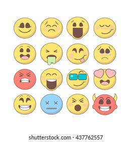 Set of emoticons, emoji isolated on white background. Set of vector faces in flat style. Smiley collection for web, mobile, chat, print and games.