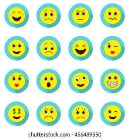 Set of Emoticons. Set of Emoji. Isolated vector illustration on white background. Emoji long shadow icons.