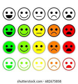 Set of Emoticons. Emoji level, rank, load. Excellent, good, normal, bad, awful. Isolated on white background.