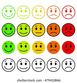 Set of Emoticons. Emoji rank, level, load. Excellent, good, normal, bad, awful. Isolated on white background. 