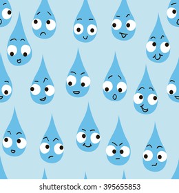 Set of Emoticons. Set of Emoji. Seamless vector pattern. Flat water drops, raindrops, morning dew.  blue color. Kawaii smiling face expression. Designed for children's T-shirts, backpacks, clothes.