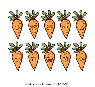 Set of Emoticons. Set of Emoji. Smile icons. Cute carrot. Isolated vector illustration
