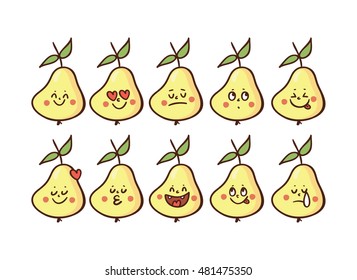 Set of Emoticons. Set of Emoji. Smile icons. Cute pear. Isolated vector illustration