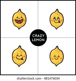 Set of Emoticons. Set of Emoji. Smile icons. Cute crazy lemon. Isolated vector illustration