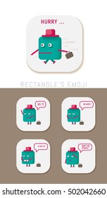Set of Emoticons ( Emoji ). Smile icons. Isolated vector illustration on white background. Comic character - cyan rectangle wearing a hat. Various emotions patches, badges and stickers.