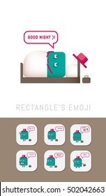 Set of Emoticons ( Emoji ). Smile icons. Isolated vector illustration on white background. Comic character - cyan rectangle wearing a hat. Various emotions patches, badges and stickers.