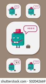 Set of Emoticons ( Emoji ). Smile icons. Isolated vector illustration on white background. Comic character - cyan rectangle wearing a hat. Various emotions patches, badges and stickers.