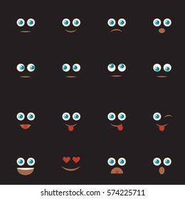 Set of Emoticons. Set of Emoji. Smile icons. Only eyes and mouth. Isolated vector illustration on black background