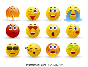 Set of Emoticons. Set of Emoji. Yellow face with emotions. Facial expression. 3d realistic emoji. Vector illustration on white background