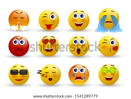 Set of Emoticons. Set of Emoji. Yellow face with emotions. Facial expression. 3d realistic emoji. Vector illustration on white background