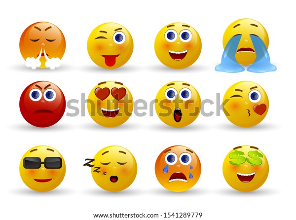 Set of Emoticons. Set of Emoji. Yellow face with emotions. Facial expression. 3d realistic emoji. Vector illustration on white background