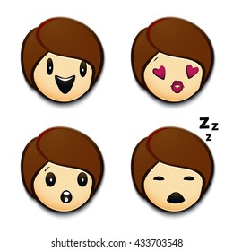 Set of Emoticons. Emojis laughing,with loving look,amazed or surprised and sleeping.