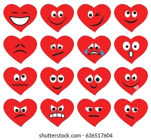 Set of emoticons and emojis in red heart form. Vector illustration in flat style on white background 