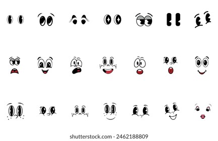 Conjunto de emoticonos con ojos, boca, nariz, ojos, labios.