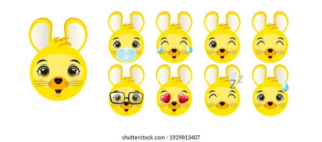 A set of emoticons or emoticons for the face. Animal face emojis with loving, crying, laughing and cute facial expressions of the characters isolated on a white background.