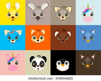 A set of emoticons or emoticons for the face. Animal face emojis with loving, crying, laughing and cute facial expressions of the characters isolated on a white background.