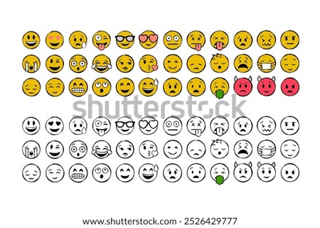 A set of emoticons featuring various facial expressions, from happy, sad, angry, to playful, capturing a wide range of human emotions.