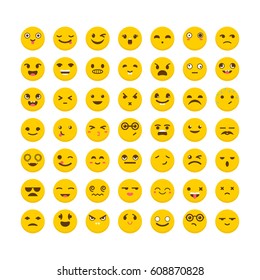 Set of emoticons. Flat design. Big collection with different expressions. Cute emoji icons. Vector illustration