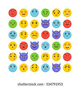 Set of emoticons. Flat design. Cute emoji icons. Avatars. Big collection with different expressions. Vector illustration