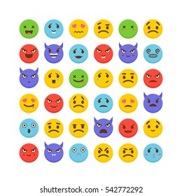 Set of emoticons. Flat design. Cute emoji icons. Big collection with different expressions. Avatars. Vector illustration