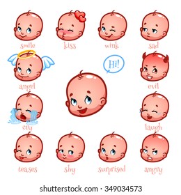 Set of emoticons funny baby. Smile, kiss, wink, sad, evil, cry, laugh, teases, shy, surprised, angry. Cute baby faces showing different emotions. Vector icons on a white background.