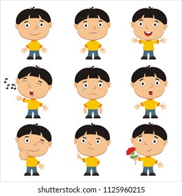 Set of emoticons of funny boy with black hair in different poses isolated on white background.