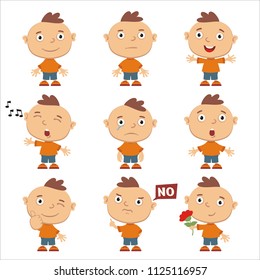 Set of emoticons of funny boy in different poses isolated on white background.