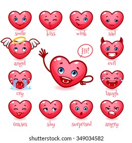 Set of emoticons funny heart for Valentine's Day. Smile, kiss, wink, sad, evil, cry, laugh, teases, shy, surprised, angry. Cute heart showing different emotions. Vector icons on white background.