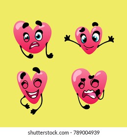 Set of emoticons funny heart for Valentine's Day. Cute heart showing different emotions. Vector icons