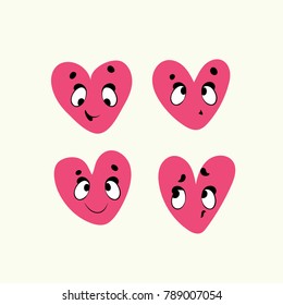 Set of emoticons funny heart for Valentine's Day. Cute heart showing different emotions. Vector icons