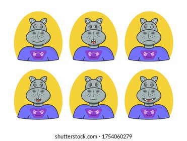 Set of emoticons funny hippo. Smile, sad, evil, laugh, surprised, angry. Emotional avatar, sticker for site, infographics, websites, emails, newsletters, reports. Vector icons on a white background.