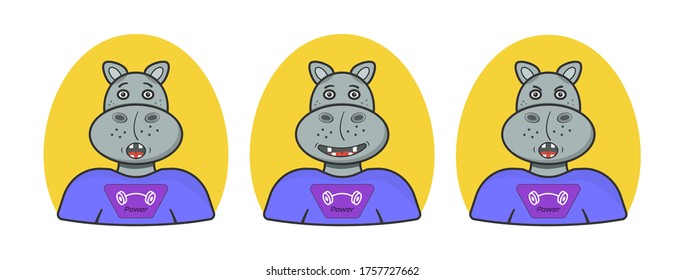 Set of emoticons funny hippo. Smile, sad, evil, laugh, surprised, angry. Emotional avatar, sticker for site, infographics, websites, emails, newsletters, reports. Vector icons on a white background.