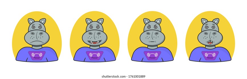 Set of emoticons funny hippo. Smile, sad, evil, laugh, surprised, angry. Emotional avatar, sticker for site, infographics, websites, emails, newsletters, reports. Vector icons on a white background.