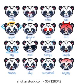 Set of emoticons funny pandas. Smile, kiss, wink, sad, skeptic, evil, cry, laugh, teases, shy, surprised, angry, cool, sleepy and in love. Vector icons on a white background.