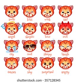 Set of emoticons funny red pandas. Smile, kiss, wink, sad, skeptic, evil, cry, laugh, teases, shy, surprised, angry, cool, sleepy and in love. Vector icons on a white background.