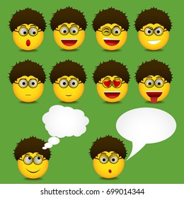 Set of emoticons with glasses, in different emotions and speech bubble.
