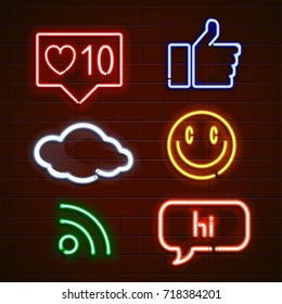  Set of emoticons, glowing emoji isolated on black background. Vector illustration