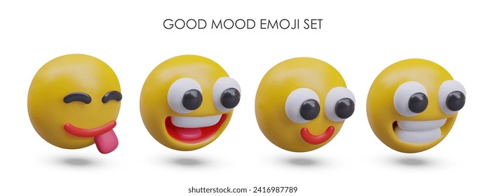 Set von Emoticons in guter Laune. Vektor-gelbe Köpfe drücken Freude, Freude, angenehmen Schock aus. Köstlich, unglaublich, unglaublich. Humanreaktionen für schnelle Online-Kommunikation