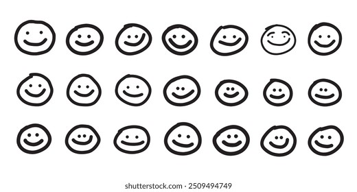 Set of emoticons. Hand drawn cute cartoon smiley emoticons. Sketches of decorative icons. Vector illustration. Hand drawn, not AI
