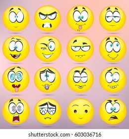 Set of emoticons, icon pack, Set of smiley face icons or yellow emoticons with different facial.