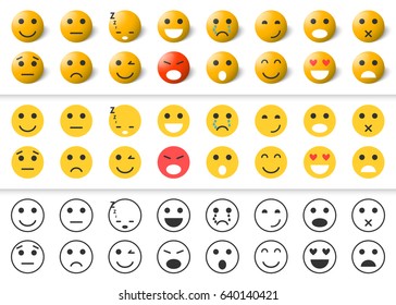 Set of emoticons icons collection. Emoji in flat style, outline and 3d.